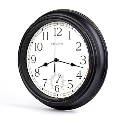 16 Inch Large Outdoor Clock Waterproof with Thermometer Retro Wall Clocks for Patio Pool Garden Home,Bronze