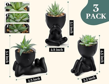 Der Rose 3 Pack Fake Plants in Black Pots for Bathroom Living Room Decor | Unique black human-shaped pot，cute fake succulents plants，perfect for black desk shelf bedroom halloween decor，fresh all year