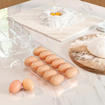 Egg Holder for Fridge, Automatic Rolling Egg Container, Clear, 2Pack