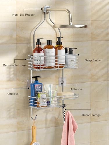SMARTAKE Hanging Shower Head Caddy, Shower Shelf Organizer, Silver | SUS201 Rustproof Stainless Steel Over The Storage Rack, for Toilet, Bathroom