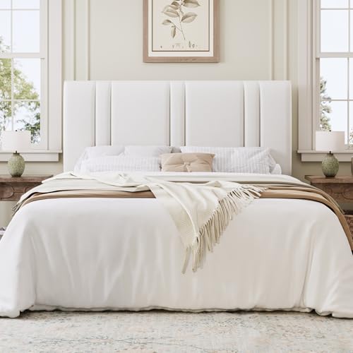SHA CERLIN Queen Size Platform Bed Frame, Velvet Upholstered Bed with Adjustable Headboard, Vertical Channel Tufted Design, Sturdy Wood Slat Support, No Box Spring Needed, Easy Assembly, White