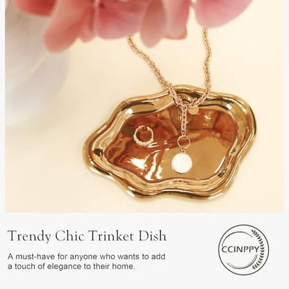 CCINPPY Ceramic Cloud Jewelry Tray Trinket Dish Key Bowl Nightstand Decor | Decorative Small Desk Tray Jewelry Plate Key Holder Bowl Cute Bedroom Room Decor Aesthetic, Gift for Women, Gold Medium