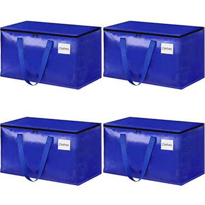 StorageRight Moving Bags, Moving Boxes, 93L 4-Pack Sotrage Bags Totes, Blue | Heavy Duty Storage Bins with Lids, Zipper, Reinforced Handles, Tag Pocket, Foldable Moving Supplies for Collge, Dorm,Travel