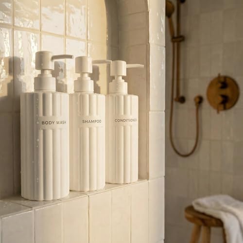 Stylish Shampoo & Conditioner Dispenser Set of 3 -... (3 Count | Beige | Plastic)