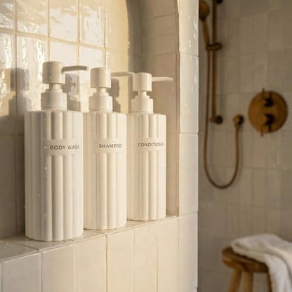 Stylish Shampoo & Conditioner Dispenser Set of 3 - Fluted 19oz Bottles | Modern Shower Soap Bottles - Easy to Refill Body Wash Dispensers for an Instant Bathroom Decor Upgrade
