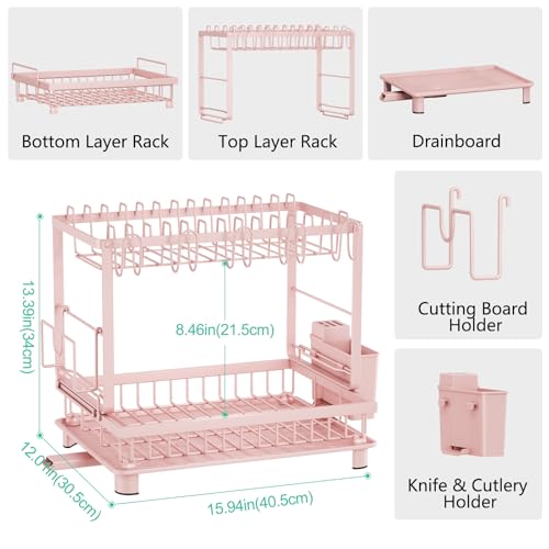 Multifunctional Dish Drying Rack - Rustproof, 2-Tier Dish Racks with Drainboard, Space-Saving Design, Utensil & Cup Holder for Kitchen Counter, Pink