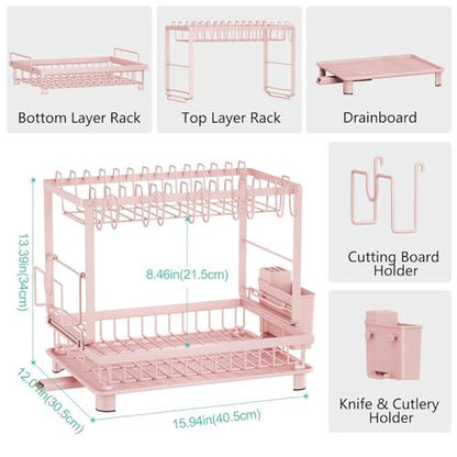Multifunctional Dish Drying Rack - Rustproof, 2-Tier Dish Racks with Drainboard, Space-Saving Design, Utensil & Cup Holder for Kitchen Counter, Pink