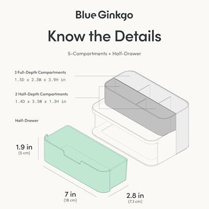 BLUE GINKGO Compact Desk Organizer, Green, Made in Korea | 5 Compartments. Half Drawer. Space-Saving.