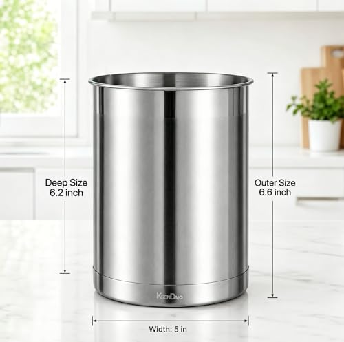 Utensil Holder Stainless Steel 6.3inch Deep, Silver | Brushed Finish, Doubled Base for Stable, Shiny Stainless Style, 5inch Wide, 6.60inch Tall