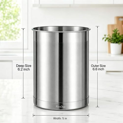 Utensil Holder Stainless Steel 6.3inch Deep, Silver | Brushed Finish, Doubled Base for Stable, Shiny Stainless Style, 5inch Wide, 6.60inch Tall