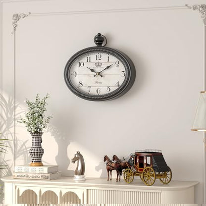 Retro Oval Wall Clock. Black Vintage Antique Style | Battery Operated Decor Wall Clocks for Farmhouse, Living Room,Kitchen,Bedroom,Bathroom (10.5" H x 11.3" W)