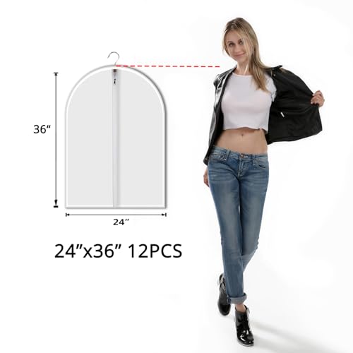 12 Pack Shirt Garment Bags (24x36") - Dustproof Short Suit Covers - Durable PEVA Closet Bags with Sturdy Zipper for Blouses, Jackets, Sweaters & T-Shirts (Translucent)