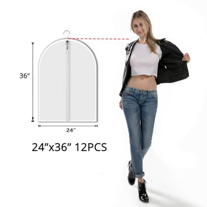 12 Pack Shirt Garment Bags (24x36") - Dustproof Short Suit Covers - Durable PEVA Closet Bags with Sturdy Zipper for Blouses, Jackets, Sweaters & T-Shirts (Translucent)