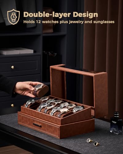 ProCase Watch Box for Men, 12 Slots Watch Display Holder -Brown | Clear Acrylic Top, Large Capacity PU Leather Case with Drawer Organizer, Jewelry Storage, Ideal Gift for Men Women