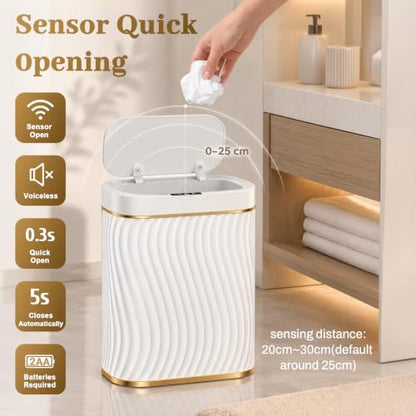 2.6 Gallon Automatic Bathroom Trash Can with Touchless Lid, White Gold | Motion Sensor Trash Can with Slim Waterproof Body; Small Plastic Garbage Can, hands-free lid for Bedroom, office, and kitchen