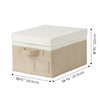 GRANNY SAYS Storage Basket with Lid, Linen Fabric Storage Bins with Label, Decorative Storage Boxes, Clothes Storage and Organization, Memory Keepsake Box, 3-Pack, Medium, Khaki&Ivory