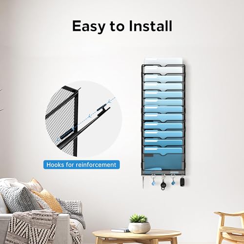 13-Tier Wall File Organizer, Wall File Holder with... (Black | Metal)