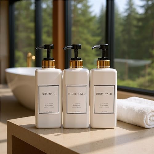 Modern Gold Design Shampoo and Conditioner Dispenser - Large 27oz Shower Soap Dispenser, Set of 3 Refillable Empty Plastic Pump Bottles for Bathroom and Body Wash (6 Waterproof Labels Included), Black
