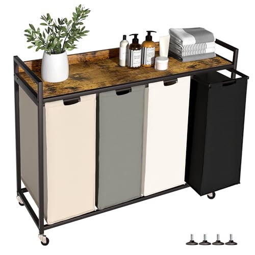 Laundry Hamper with Shelf, Laundry Basket 4 Sectio...