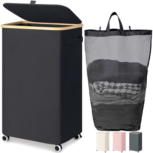 Goodpick 100L Large Rolling Laundry Basket with Wheels and Lid, Black | 17.3" × 13" × 29.5" Collapsible Laundry Hamper for Clothes & Blankets Storage, Removable Wash Bag, Bathroom Organization