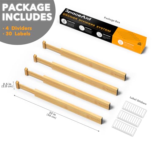 SpaceAid 4 Pack Bamboo Drawer Dividers with Labels, Kitchen Adjustable Drawer Organizers, Expandable Organization for Home Clothes Dressers (17-22 in, Natural)