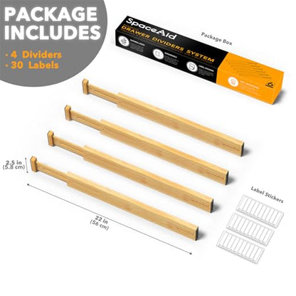 SpaceAid 4 Pack Bamboo Drawer Dividers with Labels, Kitchen Adjustable Drawer Organizers, Expandable Organization for Home Clothes Dressers (17-22 in, Natural)