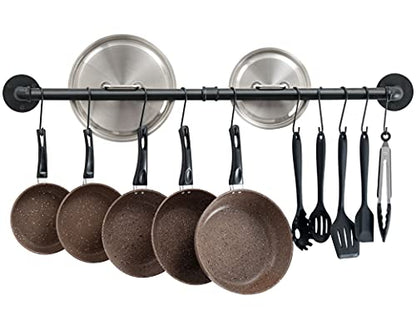 OROPY 38'' Pot Rack Wall Mounted, Iron Pipe Hanging Pot Rack, 14 S Hooks | Industrial Utensils Kitchen Hanging Rail, Pot and Pan Organizer, Pot Lid Organizer, Black