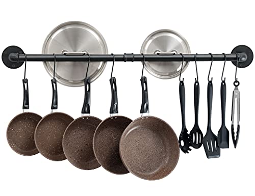 OROPY 38'' Pot Rack Wall Mounted, Iron Pipe Hanging Pot Rack, 14 S Hooks | Industrial Utensils Kitchen Hanging Rail, Pot and Pan Organizer, Pot Lid Organizer, Black