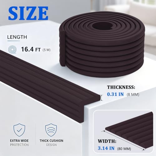 3.14in x 16.4ft Baby Proofing Corner & Edge Protector,Soft Foam Heavy-Duty Bumper with Strong Adhesive,Safety Guard for Furniture,Fireplace,Table,Desk and Cabinet(Brown)
