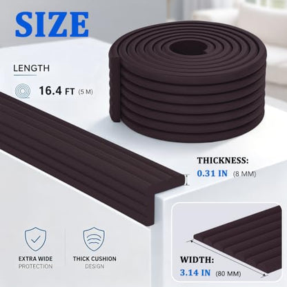 3.14in x 16.4ft Baby Proofing Corner & Edge Protector,Soft Foam Heavy-Duty Bumper with Strong Adhesive,Safety Guard for Furniture,Fireplace,Table,Desk and Cabinet(Brown)