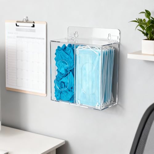 SEANADO Face Mask Dispenser Box Acrylic Gloves Holder Hygiene Station with Lid for Disposable Emesis Bag, Shoe Cover and Hairnet，Wall Mount Holes or Tabletop Holder (Clear)