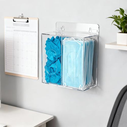 SEANADO Face Mask Dispenser Box Acrylic Gloves Holder Hygiene Station with Lid for Disposable Emesis Bag, Shoe Cover and Hairnet，Wall Mount Holes or Tabletop Holder (Clear)