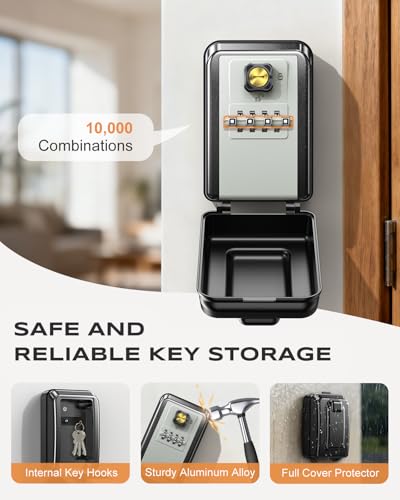 Wall-Mounted Lock Box for Keys with Code, Large Capacity 4 Digits Combination Key Lock Box with Resettable Spare Key, Weatherproof Key Safe Storage Lockbox for Home, Apartment, Office, Gray