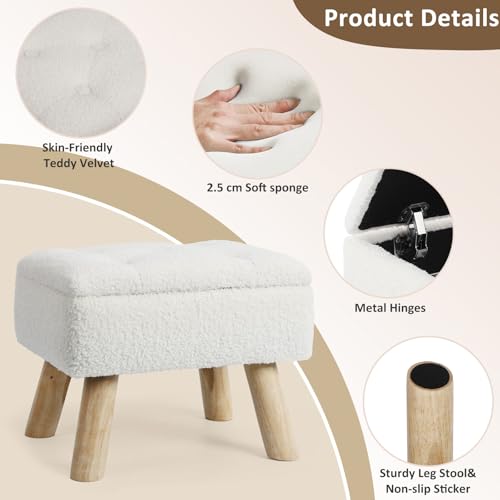 Storage Ottoman, Small Foot Stool Ottoman with Storage, Boucle Teddy Velvet Foot Rest with Padded Seat, Sturdy Wood Legs Stool for Living Room, Bedroom, Couch, Enterway (Cream)