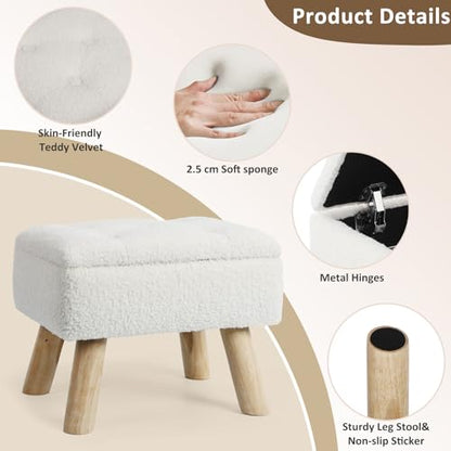 Storage Ottoman, Small Foot Stool Ottoman with Storage, Boucle Teddy Velvet Foot Rest with Padded Seat, Sturdy Wood Legs Stool for Living Room, Bedroom, Couch, Enterway (Cream)