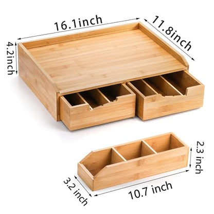 SOUJOY Bamboo 2 Drawer Coffee Pod Organizer with Side Box for K Cup Tea Bag | Space-Saving, Eco-Friendly, Natural Bamboo Organizer for Kitchen Counter, Coffee Bar, Office