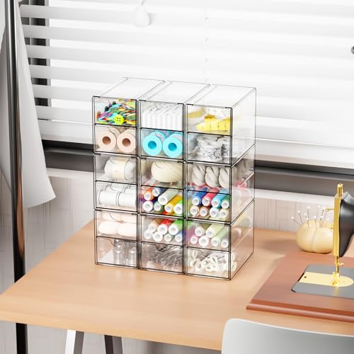 9 Pack Small Acrylic Drawers With 18 Drawers,Clear Drawer Organizers Stackable,School,Office Supplies Organizer And Storage Bins for Stationery,Pen,Pencil,Craft,Glasses,Sunglass Organizer Case