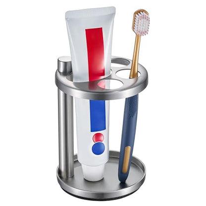 Toothbrush & Toothpaste Holder for Bathroom Countertop, Metal Electric Toothbrush Stand with Razor Slot, Ideal Design Caddy for Kids & Family, Brushed Silver