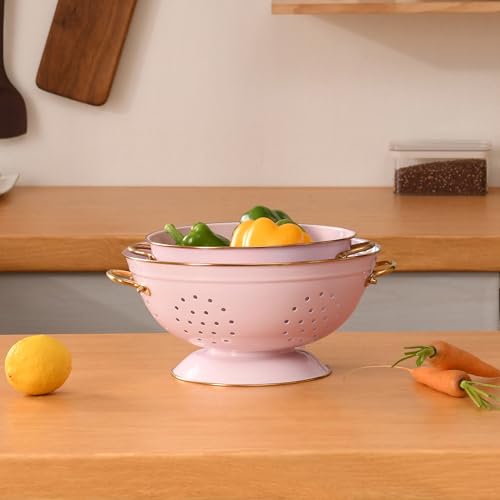 Metal Colander Set of 2, Strainer Basket with Handles 3.5 & 5 Qt Powder Coated Self-draining Solid Ring Base Metal Large Kitchen Colander Bowel for Pasta Vegetable Fruit (PINK)