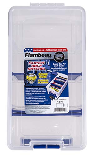 Flambeau Outdoors Super Half Satchel Soft Bait Organizer, Zerust, Clear | Organizes soft bait packages upright in 4 compartments with 3 Zerust dividers. Translucent lid and base, clear