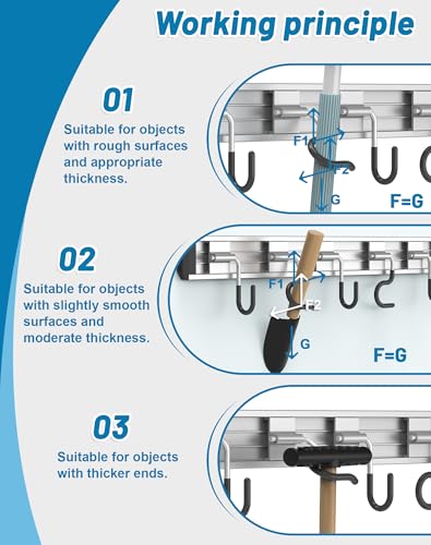 Mop and Broom Holder Wall Mount Garden Tool Rack Organizer | Modern Style, Movable Aluminum Alloy Wall Mounted Hook, Storage Gift for Bathroom, Closet, Laundry Room, Garage, Tool Room