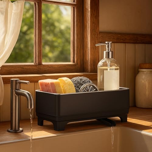 Sponge Holder for Kitchen Sink, Rustproof Stainless Steel Black | Large Capacity/360° Rotating Drain Keeps Counter Dry/Holds Sponges & Soap Bottle/Easy-Clean Removable Tray