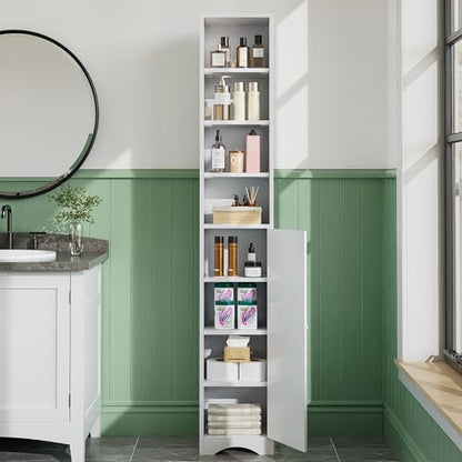 VECELO 71" Tall Narrow Storage Cabinet, Bathroom Storage Slim Freestanding Cabinet with Door & 6 Adjustable Shelves, Anti-Tip Design for Small Space, Kitchen, Living Room, White