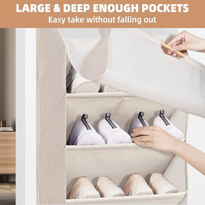 STORAGE MANIAC Over the Door Shoe Organizer with Curtain Dustproof Heavy-Duty Large Deep Pocket Hanging Shoe Organizer for Closet Dorm & Narrow Door Storage Shoe Holder Shoe Rack, 9-Shelf Beige 1 Pack