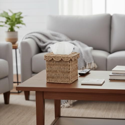CubesLand Square Wicker Tissue Box Cover W/Scalloped Lid for Home Decor | Handwoven Rattan Facial Tissues Boxes Fits Living Room Table Decor, Rustic Farmhouse Boho Bathroom Decorative, Neutral