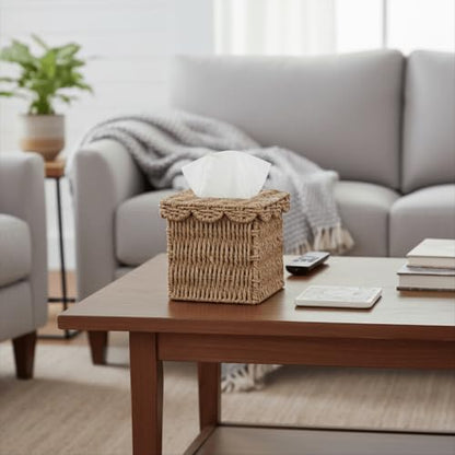 CubesLand Square Wicker Tissue Box Cover W/Scalloped Lid for Home Decor | Handwoven Rattan Facial Tissues Boxes Fits Living Room Table Decor, Rustic Farmhouse Boho Bathroom Decorative, Neutral