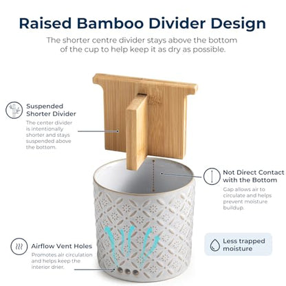 Toothbrush Holders, Ceramic Electric Toothbrush & Toothpaste Holder | Detachable 3 Slots Tooth Brush Cup with Drain Holes & Bamboo Divider, Makeup Brush Storage Holder for Bathroom, Family, Kids