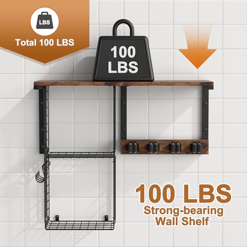 Housolution Wall Mount Broom Holder Laundry Room Storage Organizer Shelves | Thickened Metal Frame, 100 LBS High Load-Bearing, Large Capacity, Multifunctional with 2 Baskets, 4 Grippers & Hooks