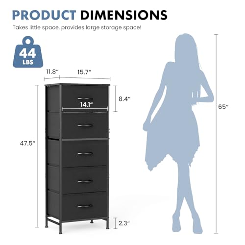 OLIXIS Tall 5 Drawer Fabric Dresser Storage Tower Bedroom Organizer, Black | Storage Unit with Removable Bins, Chest of Drawers with Sturdy Steel Frame, Tall Dressers for Closet, Living Room, Entryway