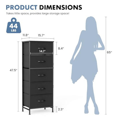 OLIXIS Tall 5 Drawer Fabric Dresser Storage Tower Bedroom Organizer, Black | Storage Unit with Removable Bins, Chest of Drawers with Sturdy Steel Frame, Tall Dressers for Closet, Living Room, Entryway